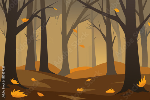 misty forest with fallen golden leaves and bare background