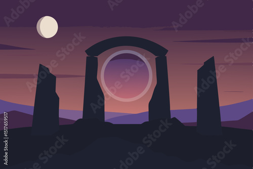 portal circle on ancient stones under a twilight  background