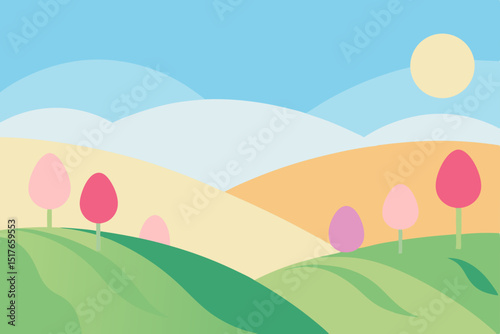  rolling hills of pastel tulip fields under a sun background