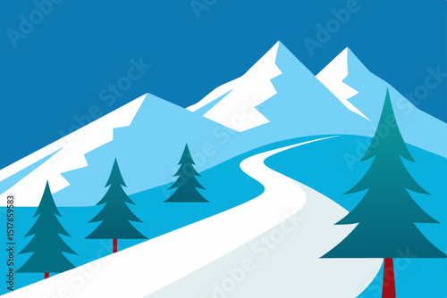  ski slope scene with snowy trees and distant peak background
