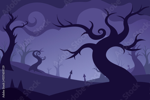twisting tree shadows on a foggy Halloween night background