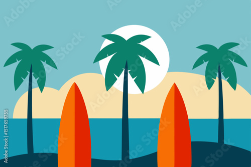  surfboards standing by a palm grove and ocean background
