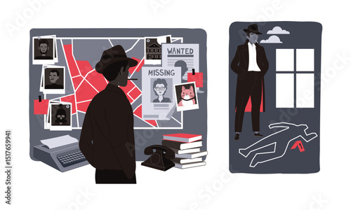 A skilled detective investigates a murder with an evidence board of crucial clues, engaging viewers