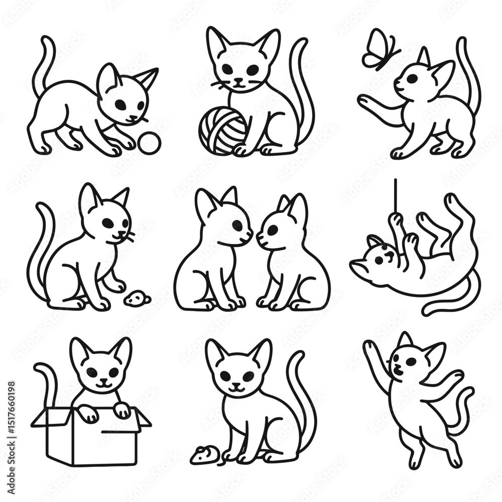 Fototapeta premium Abyssinian kittens playing with toys in a vector icon set concept 
