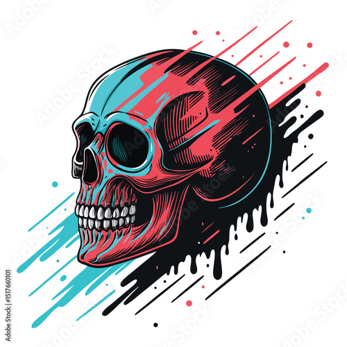 Generate a dark, highly detailed image of a digital skull melting, revealing glitching binary code trails.  Black background.