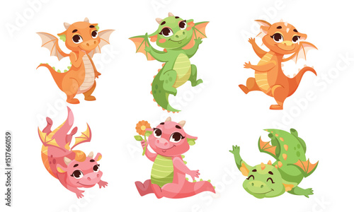 Colorful Cartoon Dragons in Playful, Fun Poses That Bring Joy to Children and Families
