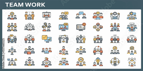 High-quality vector illustration of teamwork-themed flat line web icons