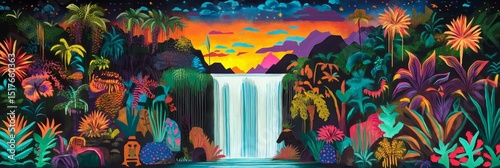 Colorful illustration of a waterfall surrounded by lush vegetation against a sunset sky.