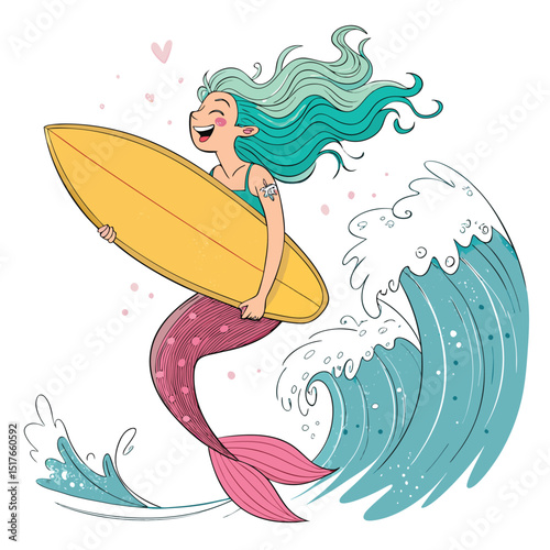A cheerful mermaid, scales shimmering, smiles broadly while holding a surfboard, gazing at a friendly crab perched on a coral reef.