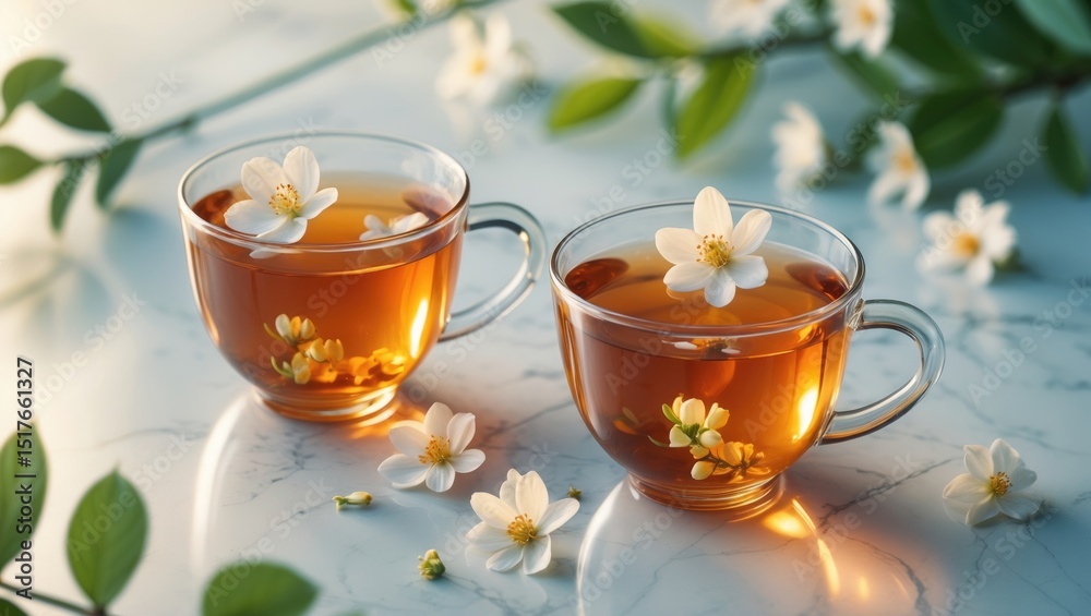 Fresh jasmine herbal tea served in a teacup on a white marble table with floral decorations, perfect for a healthy lifestyle. Fresh jasmine herbal tea served in a teacup on a white marble table with floral decorations, perfect for a healthy lifestyle.