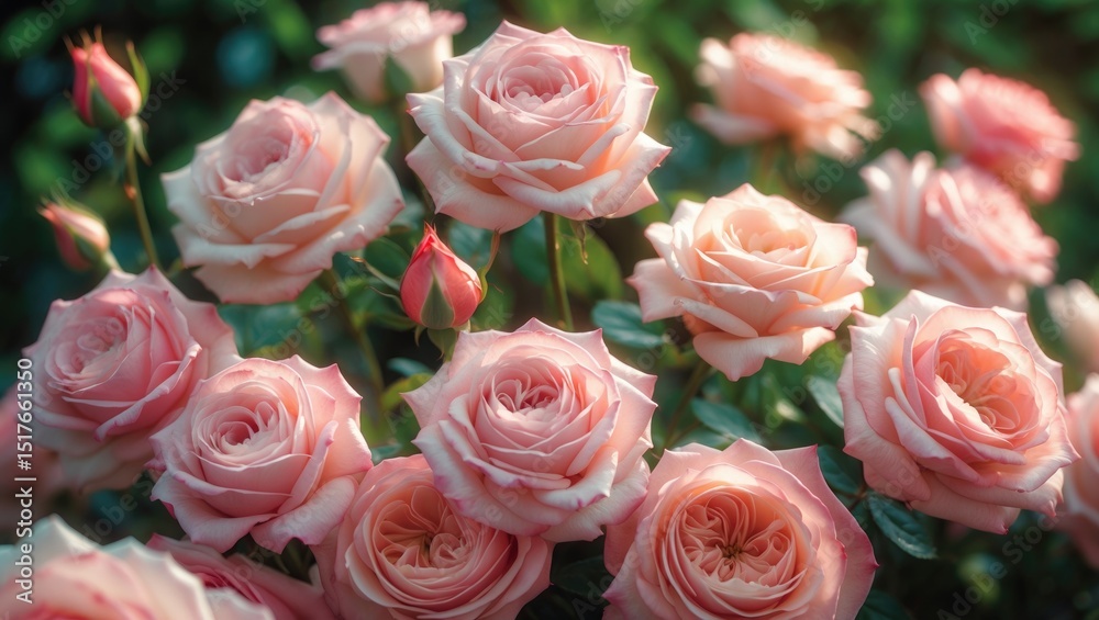 Fototapeta premium Close-up of pink roses with delicate petals in a romantic floral background, featuring fresh, soft pastel-colored bouquet perfect for weddings and anniversaries.