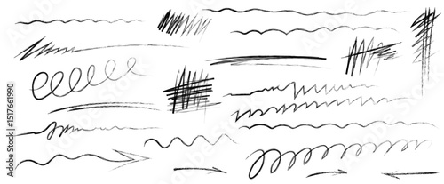 Marker pen crayon scribbles, arrows and underline elements. Handdrawn set of scrawls, crayon scribble line, grunge line, rough brush charcoal pen ink stroke, emphasis mark, strikethrough Vector kit