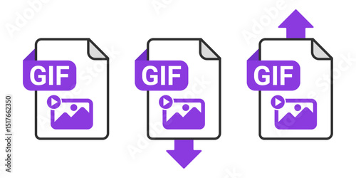 GIF File Download and Upload Icon Set with Purple Arrow Symbol on Transparent Background for Animated Image Transfer, Data Sharing and File Exchange Vector Illustration