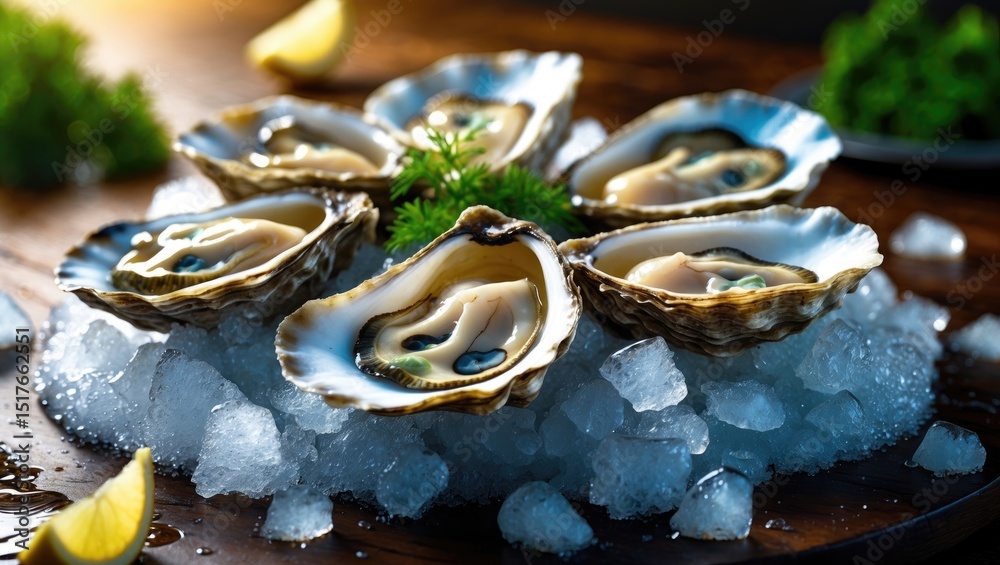 Fototapeta premium Luxurious seafood platter featuring fresh raw oysters and lemon