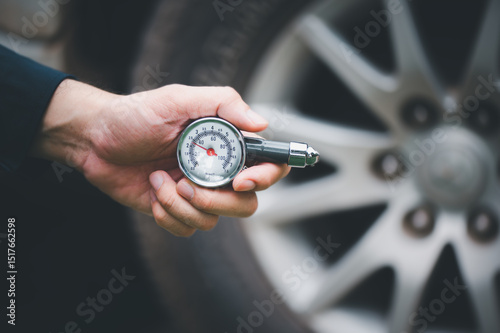 Hand holding pressure gauge for car tyre pressure measurement