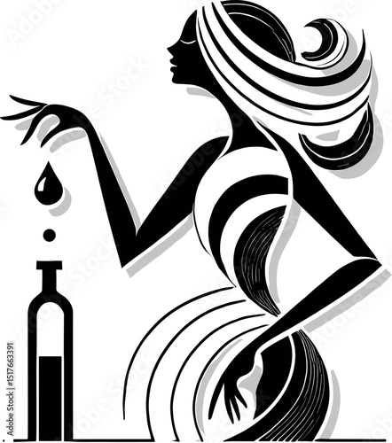 A black-and-white minimalist oil drop silhouette featuring a woman holding an oil bottle, with a single drop falling onto her palm, symbolizing wellness and aromatic scents.
