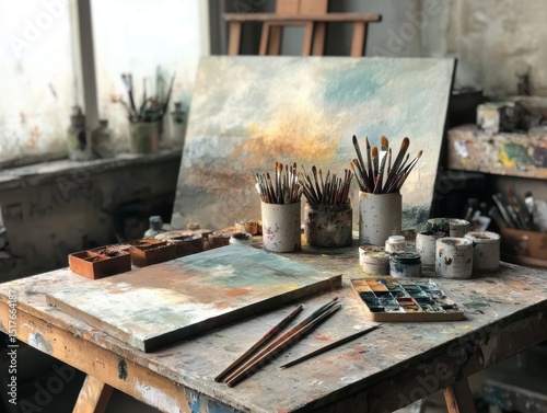 Creative workspace filled with paint, brushes, and unfinished artwork in a bright studio