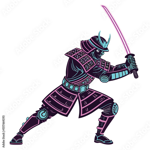 A cyberpunk samurai, neon-lit, wielding katanas with glowing kanji '殺' (kill), robotic arms intricately detailed.