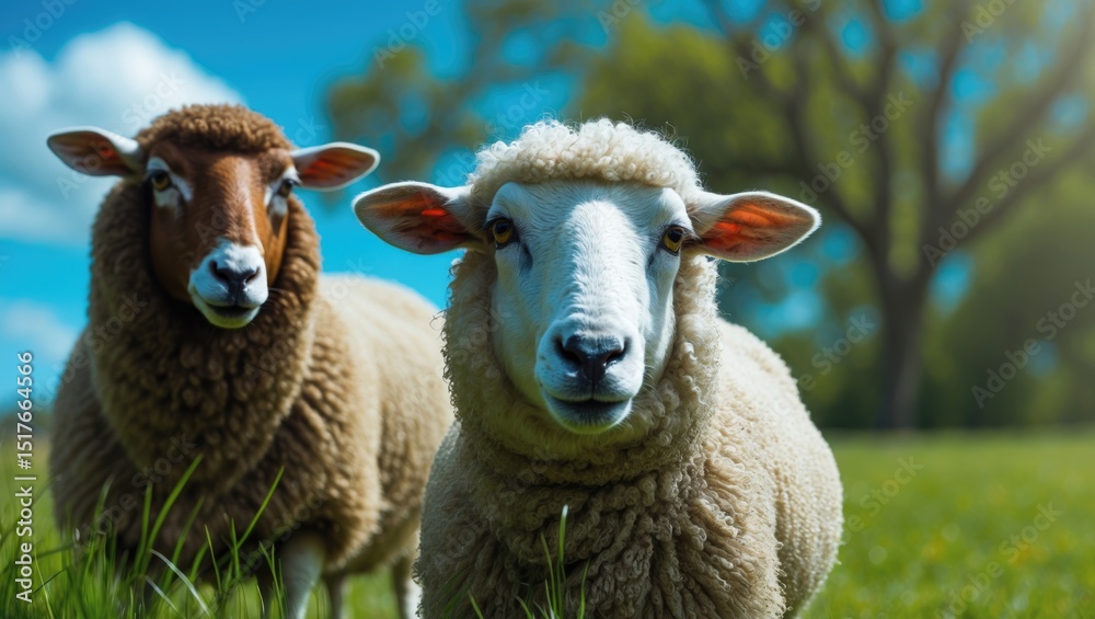 Fototapeta premium Cute sheep with woolly coats under blue sky, one brown and one white, gazing curiously.