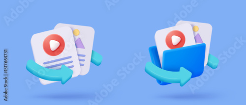 3d file transfer of document in folder, file transfer encrypted form, connection docs information migration concept. Access to remote file and folder. 3d document exchange vector render Illustration