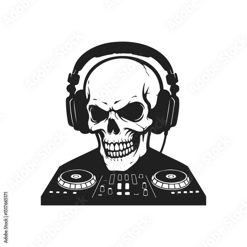 Skull DJ with Headphones Mixing Music on Turntables