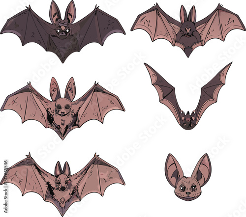 Collection of Cartoon Bats in Various Poses and Expressions on White Background