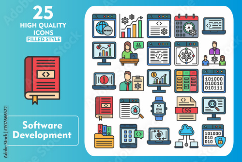 Software Development Line Filled Icon Set. Incleded Icons Webpage, Productivity, Backend, Time Management, Programming, Business Analyst, Developer. Vector Icons Collection