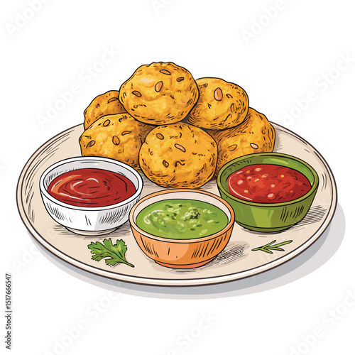 A vibrant close-up shot of a plate of golden-brown, crispy pakoras served with a small bowl of vibrant green chutney.