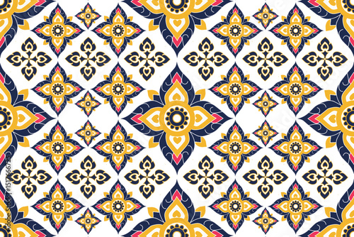 Applied Thai floral pattern, gold and navy blue, repeated design, suitable for decorating walls, wallpaper or printed fabric, reflecting contemporary Thai art in a unique way.