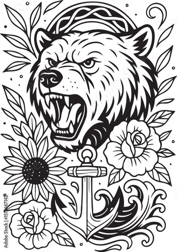 Tattoo Style Coloring Page for Adults –Printable Intricate Line Art for Relaxation, Stress Relief, and Mindful Coloring and Hobby Time