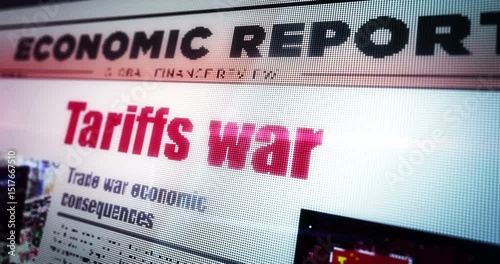 Tariffs war trade crisis daily newspaper reading on mobile tablet computer screen. Touch screen with headlines news abstract concept 3d.