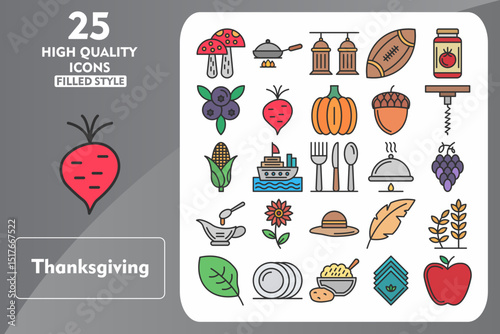 Thanksgiving Line Filled Icon Set. Incleded Icons Mushroom, Ship, Feather, Wheat, Leaf, Plate, Mashed Potatoes, Napkin, Apple, Pan. Vector Icons Collection