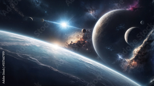 Vast cosmic landscape with planets, stars, and galaxies in deep space, breathtaking view of the universe, space exploration, and celestial wonders