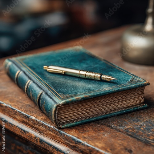 Antique book with pen resting on wooden table