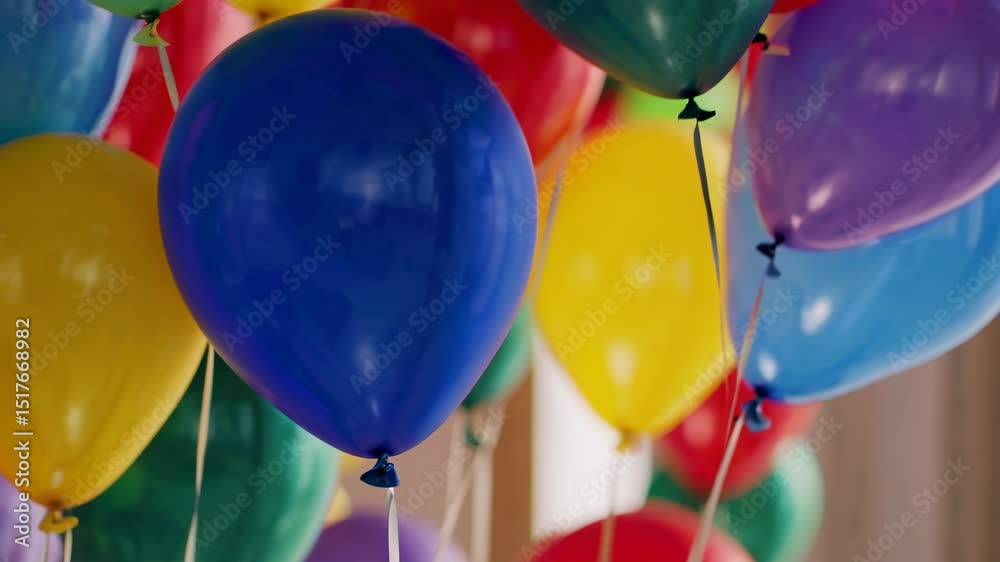 Vibrant balloons in bright, cheerful colors gently drifting, creating festive backdrop for joyful celebration moments
