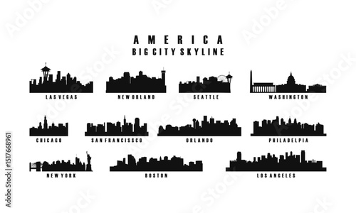Silhouette illustrations of american city skylines.