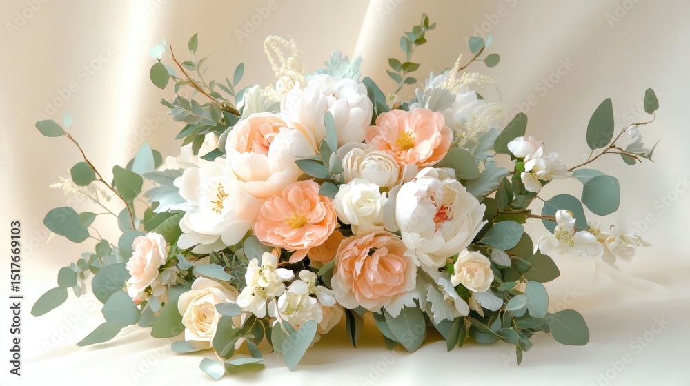Obraz premium Flower arrangement featuring soft peach and white blooms against a neutral background for a tranquil setting