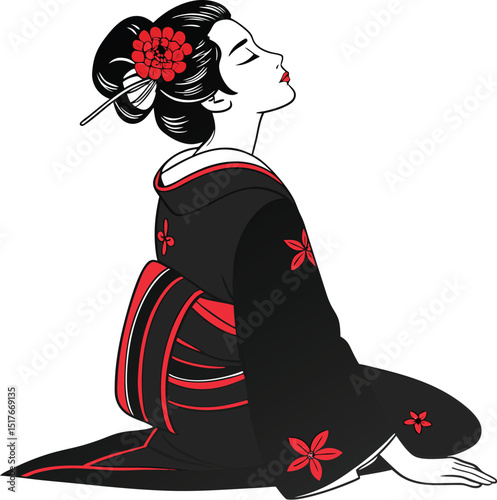 Minimalist Geisha Illustration in Black and Red Kimono 
 Japanese Line Art Design