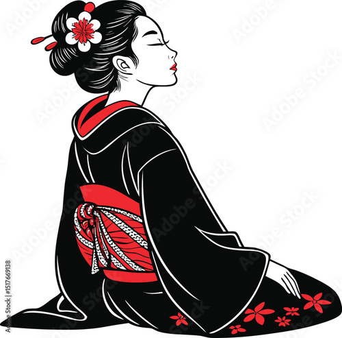Serene Asian Woman in Traditional Kimono Stylized Geisha Vector Artwork