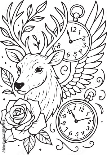 Tattoo Style Coloring Page for Adults –Printable Intricate Line Art for Relaxation, Stress Relief, and Mindful Coloring and Hobby Time