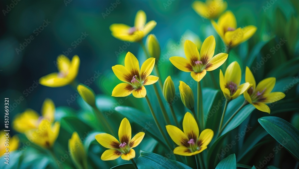 Fototapeta premium Springtime floral landscape showcasing vibrant yellow blossoms amidst lush greenery and natural garden beauty