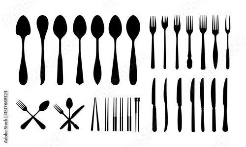 Black and white silhouettes of various cutlery.