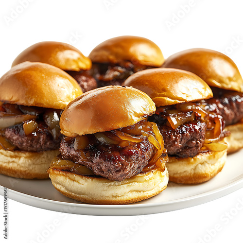 A plate of mini burgers with caramelized onions and buns
