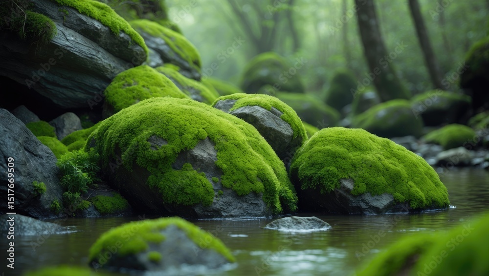 Stone structure adorned with lush moss and greenery Stone structure adorned with lush moss and greenery