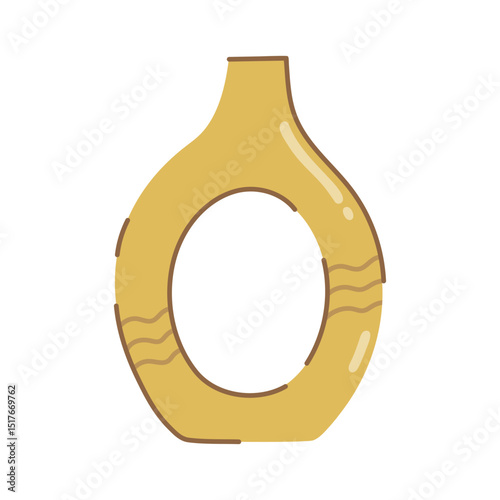 Clay vase, vector icon. Stylish yellow porcelain jug with a hole in the middle. Modern cozy amphora, indoor sculpture. Boho ceramic bowl, handmade pottery. Hand drawn flat clipart for print, posters