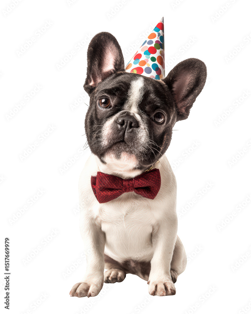 Fototapeta premium French Bulldog wearing colorful party hat and red bow tie, exuding playful and festive spirit. This adorable dog is perfect for celebrations and brings joy to any occasion