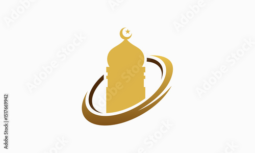 Golden mosque silhouette design with orbiting element.
