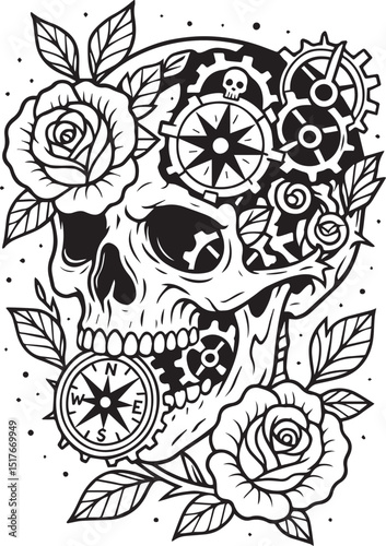 Tattoo Style Coloring Page for Adults –Printable Intricate Line Art for Relaxation, Stress Relief, and Mindful Coloring and Hobby Time