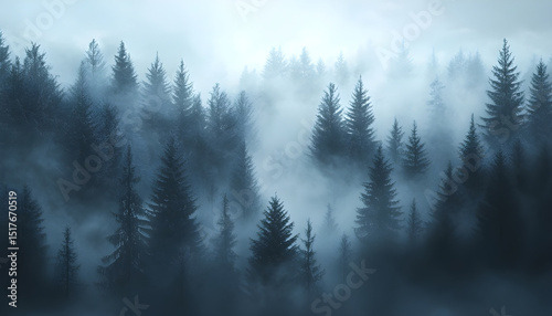 Exotic foggy forest. Jungle panorama, forest oasis. Foggy dark forest. Natural forest landscape