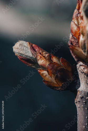 Macro photo of a horse chestnut bud (Aesculus hippocastanum) in early spring, showing detailed bud scales and fine trichomes under natural light with a dark, blurred background.